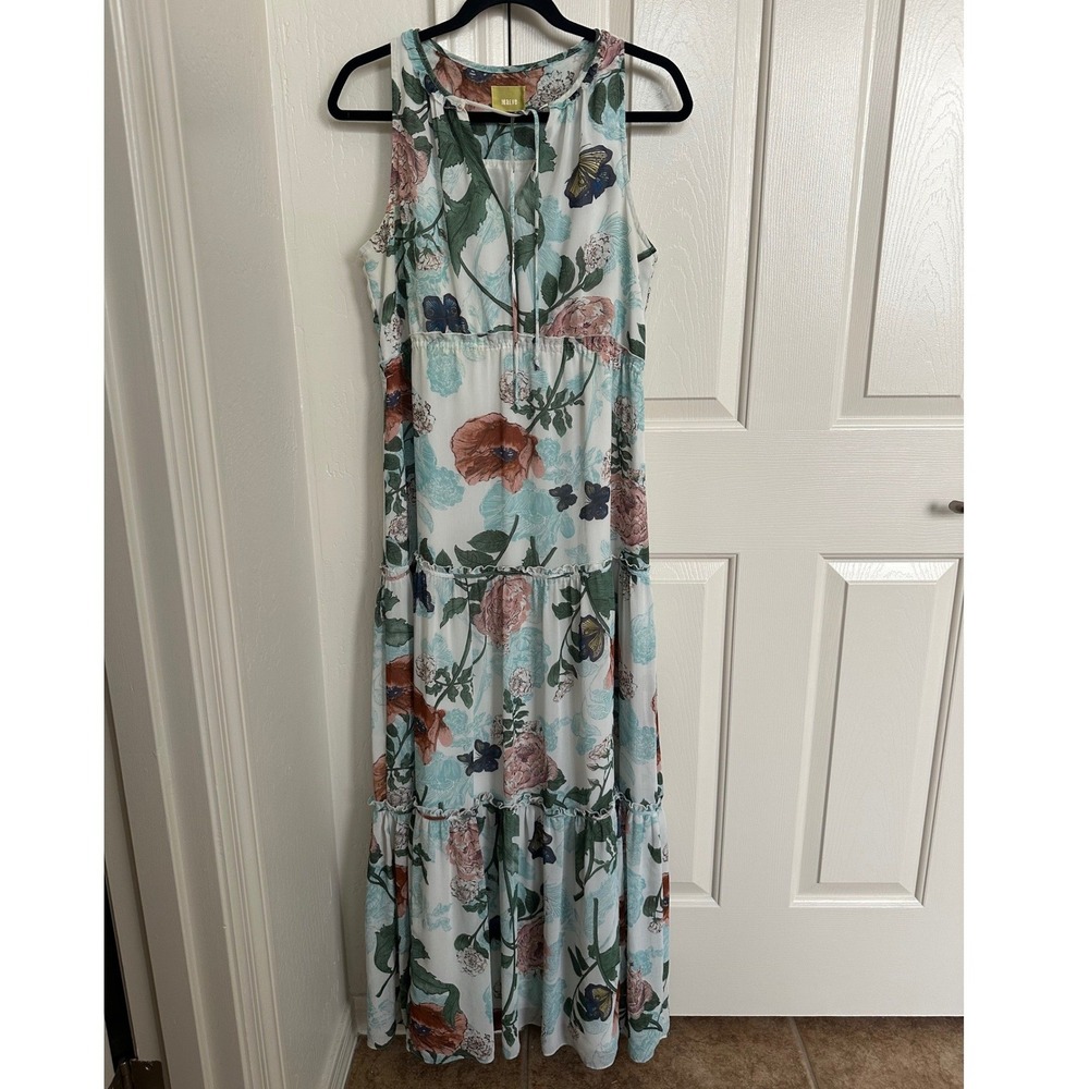 Maeve Floral Butterfly Tiered Maxi Dress‎ Size 8 White Blue Pink Boho